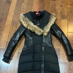 Women's Black Real Fur Trimmed Jacket and leather sleeves